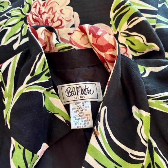Cute Linen Blend 90s Black No Close Jacket with Large Print Pink Flowers Size 14 - Picture 10 of 10